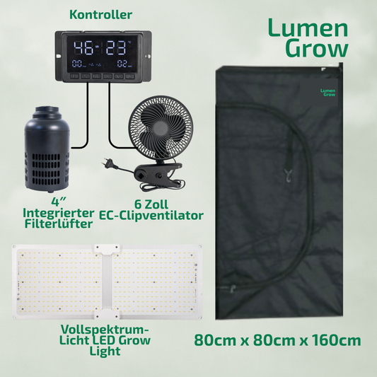 Standard Growzelt Komplettset 80 x 80 x 160cm, Komplettsystem für 3 Pflanzen, mit 200 W LED-Wachstumslampe, 4 Zoll Belüftungskombination