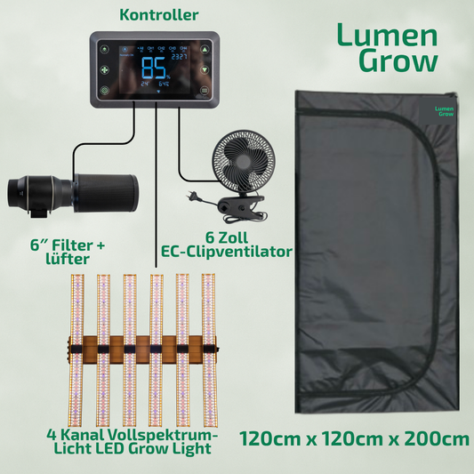 Standard Growzelt Komplettset 120 x 120 x 200cm, Komplettsystem für 5 Pflanzen, mit 500 W LED-Wachstumslampe, 4 Zoll Belüftungskombination
